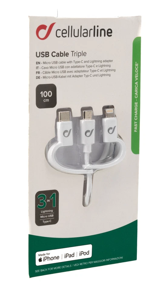 Cellularline USB Triple Kabel Micro USB Typ C Apple Original  Adapter 3in1 323 - Bild 1 von 1