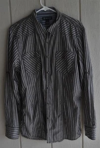 Camisa occidental a presión para hombre L INC 100 % algodón gris a rayas manga larga frontal a presión pecho 47 - Imagen 1 de 11