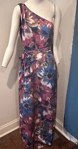 Nicole Miller Floral Silky Split Leg One Shoulder Maxi Dress Belted Size 8 New - Picture 1 of 7