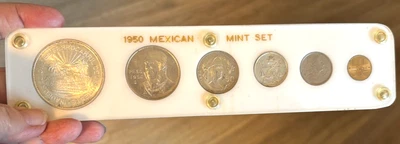 Rare 1950 UNC Mint Set Lucite Holder 5 Pesos 4 Silver  x6 Type MEXICO Collection - Image 1 of 4