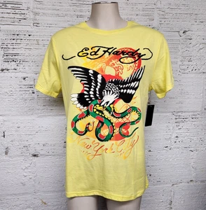 T-shirt nuova con etichette Ed Hardy da uomo taglia M colore limone Eagle & Snake New York NYC tatuaggio - Foto 1 di 8