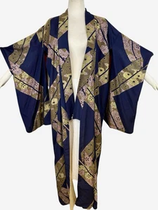Vintage japanischer Kimono Morgenmantel Seide rot gefüttert marine geblümt lang Vorkrieg NEU LESEN - Bild 1 von 18