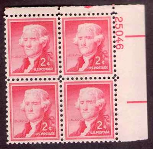 US. 1033. 2c. Thomas Jefferson. Liberty Issue. PB4 Pl# 25046 UR. MNH. 1954 - Picture 1 of 2