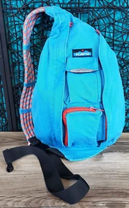 Kavu ROPE Sling Backpack BLUE Bag ORANGE ZIPPERS Canvas Cotton 20x11x5 HIKING - Picture 1 of 16