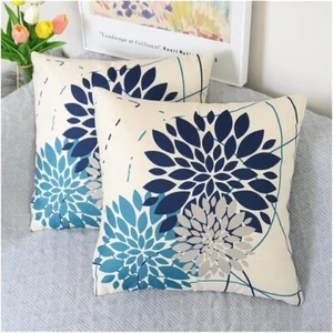 Set 2 Copricuscini/Copricuscini Blu Motivo Floreale 16"x16" Lino Quadrato - Foto 1 di 10