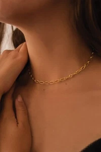 Chunky Thick 14k Gold Paperclip Necklace Chain, Gold Cuban Link Choker for Women - Picture 1 of 6