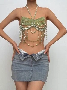 Body donna catena nappa canotta senza schienale collo da appendere perline top senza spalline nuovo - Foto 1 di 6