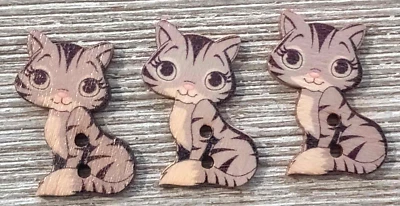 3 botones de costura gris gatito gato artesanía madera 2 agujeros 1"  Foto 1 de 2