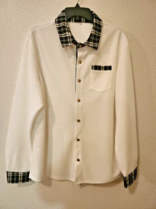 Men’s Long Sleeve Current Special Button up Shirt L White Waffle Knit Plaid Trim - Picture 1 of 5