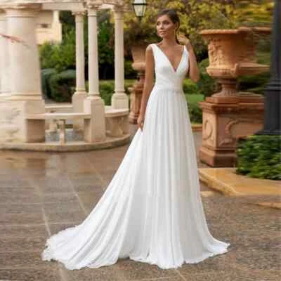 Simple Chiffon A-Line Wedding Dress V-Neck Sleeveless Pleated Satin Bridal Gowns - Image 1 of 4