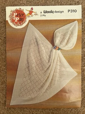 TRADITIONAL SQUARE BABY BLANKET SHAWL 2 PLY VTG KNITTING PATTERN PETER PAN 310 - Image 1 of 2