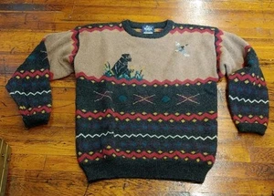 Vintage Woolrich Sweater 100% Wool Hunting Dog Mallard Duck Black Brown Men's XL - Picture 1 of 12