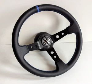 Steering Wheel Fits For VW Golf Scirocco Blue Deep dish Mk1 Mk2 Leather 77-88' - Picture 1 of 12