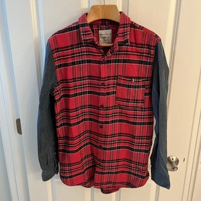 Modern Amusement Men Large L Red Plaid Flannel Button Up Blue Denim Arms LS NWT - Image 1 of 4