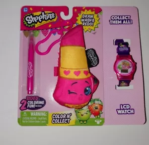 Paquete de reloj Shopkins Color N Wash gancho de felpa y LCD, labios labiales, NUEVO* - Imagen 1 de 4