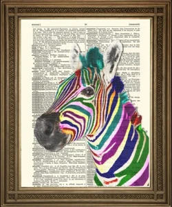 RAINBOW ZEBRA PRINT: Colourful Striped Zebra Art on Vintage Dictionary Page - Picture 1 of 2