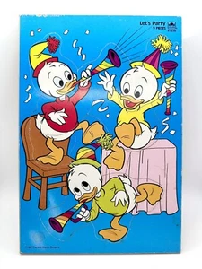Vintage 1987 Walt Disney “Lets Party” Huey, Dewey, & Louie Wood Puzzle 9 pieces - Picture 1 of 4