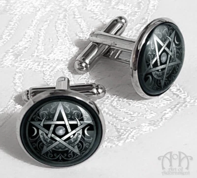 Occult Goth Black Silver PENTAGRAM STAR CUFFLINKS Pentacle Moon Pagan Cuff Links - Image 1 of 3