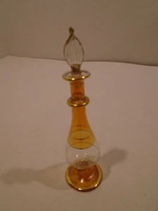 Perfume Bottle Etched Glass clear Amber W/ Gold Trim Glass Stopper 5 1/2" - Picture 1 of 5