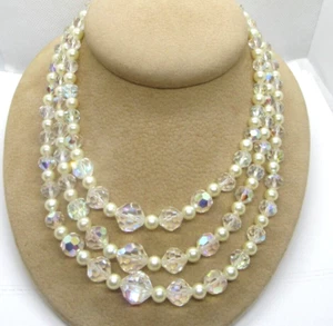 Vintage AB Crystal IPearl Bead Triple Strand Necklace Rhinestone Clasp 16" long - Picture 1 of 8