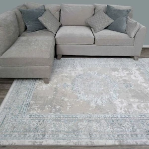 Giant Grey Blue Rugs Medallion Living Room Rug Textured Metallic Rug | 190x280cm - Picture 1 of 10