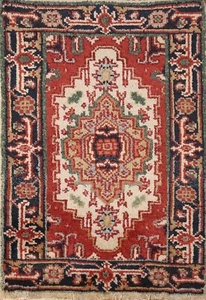 Heriz Serapi Ivory/ Navy Blue Hand-Knotted Indian Carpet in Wool 3' 0" x 2' 0" - Picture 1 of 8