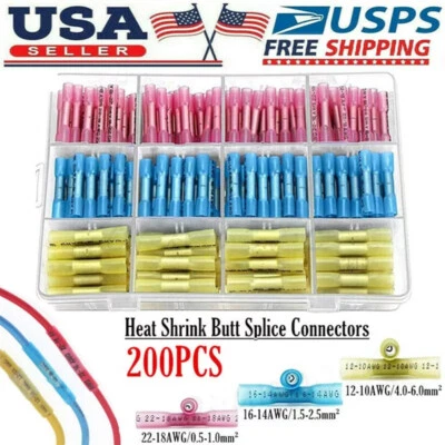 200pcs Heat Shrink Butt Wire Splice Connectors Seal Crimp Terminals Waterproof - Image 1 of 4