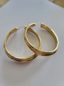 FINE 14K HALLMARKED GOLD TAPERED 38MM ROUND STUNNING HOOPS EXCELLENT 5.4 GRAMS - Picture 1 of 13