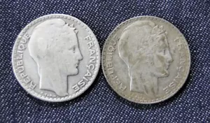 FRANCE ~ TWO SILVER 10 FRANCS COINS FROM 1930 ~ TWO DIFFERENT VARIETIES - Picture 1 of 3