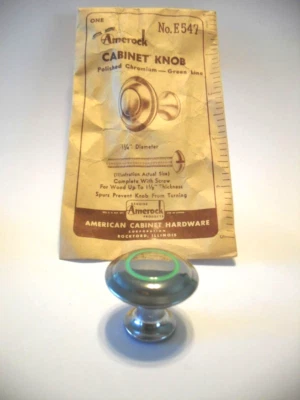 Vintage Nos Chrome Plated Steel Drawer Knob w Green Circle Cabinet Door Handle - Image 1 of 4
