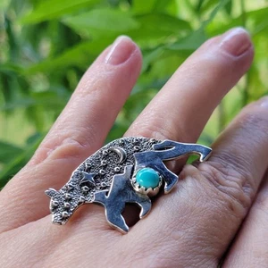 Turquoise Bear, Moon & Stars Ring Size 8 Navajo Style w/ 925 Sterling Silver - Picture 1 of 8