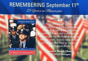 ST VINCENT REMEMBERING 911 15TH MEMORIAL STAMPS S/S MNH 2017 FIREFIGHTERS - Picture 1 of 1