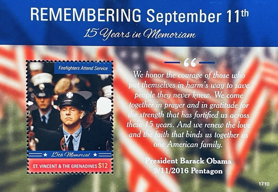 ST VINCENT REMEMBERING 911 15TH MEMORIAL STAMPS S/S MNH 2017 FIREFIGHTERS - Image 1 of 1