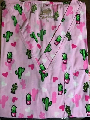 SCRUB TOP SIZES XS, S, M, L HEARTS CACTUS NWT NURSE MEDICAL UNIFORM CNA DENTAL - Image 1 of 4