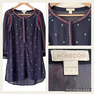 MONSOON Embroidered Kaftan Top - Size 8 Navy Folk Hippie Holiday Beach Cover-Up - Picture 1 of 10