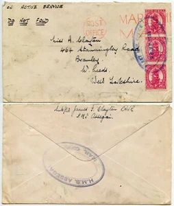 BRITISH NAVAL FLEET MAIL SHIP HMS ASSEGAI OVAL CANCELS S.AFRICA 3 x 1d to YORKS - Picture 1 of 1