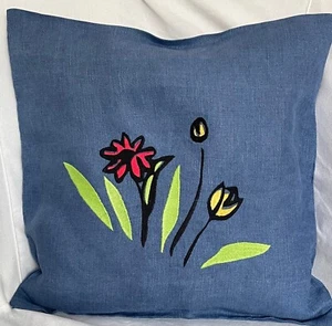 Floral embroidery Plain Blue linen Fabric Sofa Bed Chair lounge Cushion 16" X16" - Picture 1 of 3