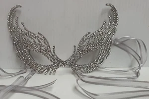 Stunning Sparkly Rhinestone Metal Frame Masquerade Mask with Grey Ribbon Ties - Picture 1 of 4