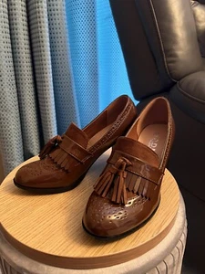 ADN Calzados Brown Women's Leather Heeled Loafer Tassals Size 4 .5 / EU37 - Picture 1 of 8