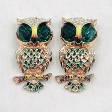 Vintage Pair Coro Craft Sterling Owl Fur Dress Clips Green Glass Eyes And Enamel