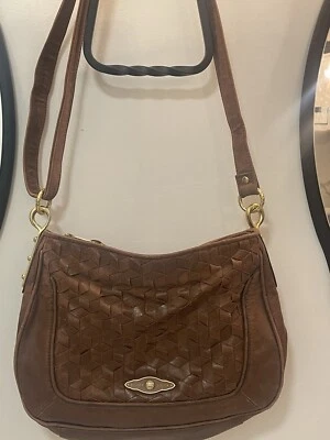 Elliott Lucca Brown Woven Leather Crossbody Bag Gold Chain Metal Strap Classic - Image 1 of 4