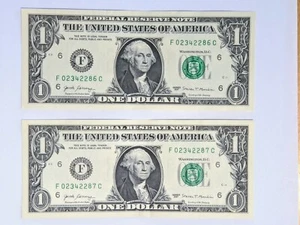 $1 Dollar Bills Collection of two Banknotes with Low Consecutive Serial Numbers  - Picture 1 of 2