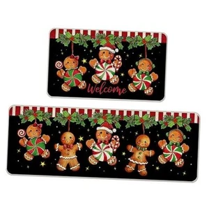 Welcome Christmas Gingerbread Man Kitchen Rugs Set of 2, Xmas Peppermint Candy - Picture 1 of 8