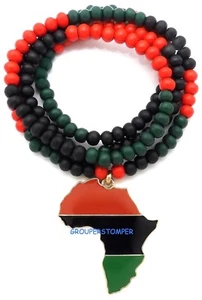 Africa Pendant Necklace With 32 Inch Long Wood Bead Style Chain - Picture 1 of 6