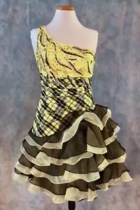 BLUSH YELLOW BLACK PLAID BEADED SEQUINS RUFFLED ORGANZA SHORT PROM FORMAL GOWN 6 - Picture 1 of 6