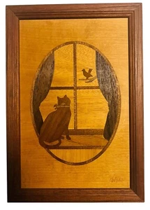 Hudson River Inlay Window Cat Woodwork Art Signed by Jeff Nelson Wood Frame Vtg - Picture 1 of 5