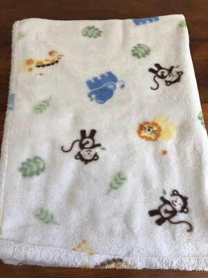Messages From The Heart White Baby Blanket Jungle Monkey Giraffe Elephant Fleece - Image 1 of 3