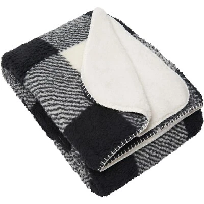 PENDLETON Black & White Plaid ROB ROY Sherpa Fleece REVERSIBLE THROW Blanket NEW - Image 1 of 4