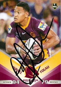 ✺Signed✺ 2010 BRISBANE BRONCOS NRL Card ISRAEL FOLAU Daily Telegraph