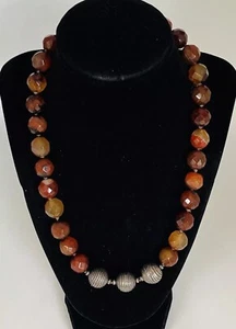 Vintage Artisan Sterling Silver Faceted Carnelian Ball Beaded Necklace 20” - Picture 1 of 17